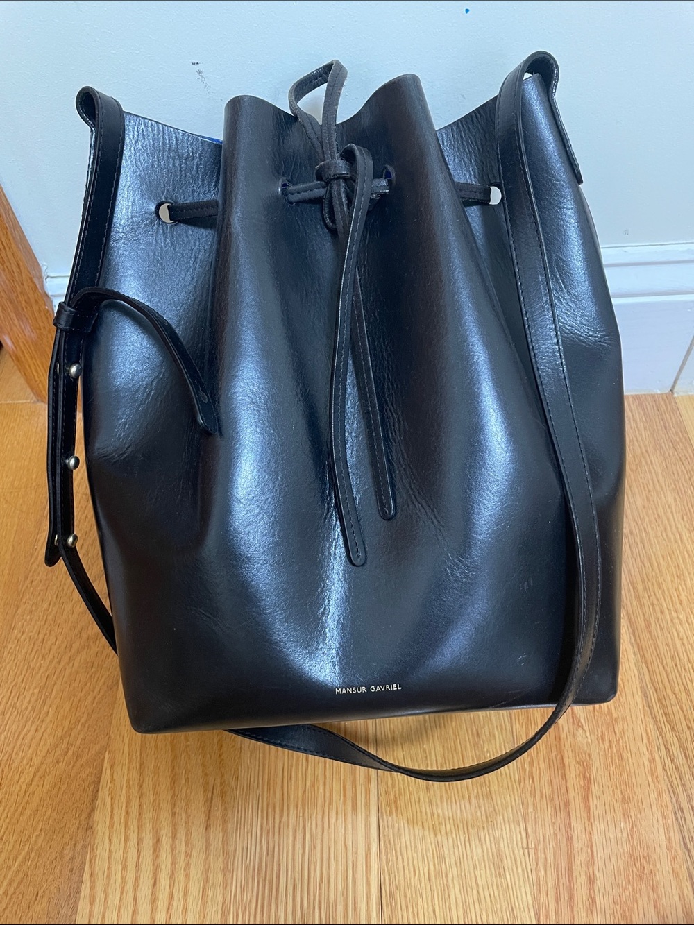 Mansur Gavriel Black Leather Drawstring Bucket Shoulder Bag